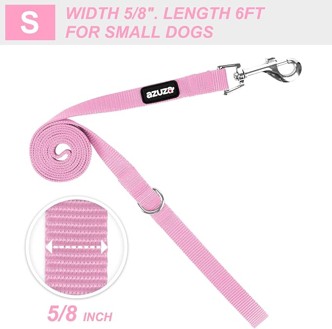 azuza Nylon Dog Collar and Leash Set, Strong & Durable Basic Style Leash and Collar with ID Tag Ring, Available in Multiple Lengths for Small Dogs, Pink,S