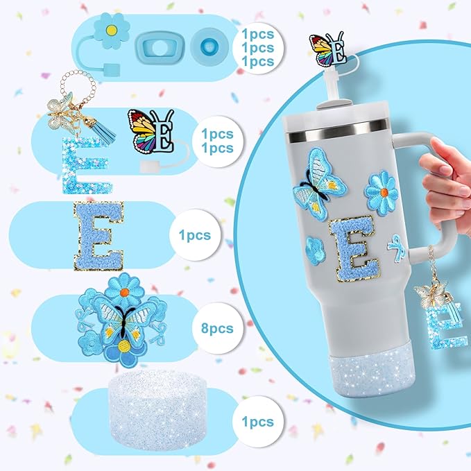 15PCS Cup Accessories Set for Stanley Cup 30oz 40oz Tumbler with Handle, Including Silicone Straw Cover and Boot, Spill Proof Stopper, Stanley Charms, Handle Charm, Initials Sticker