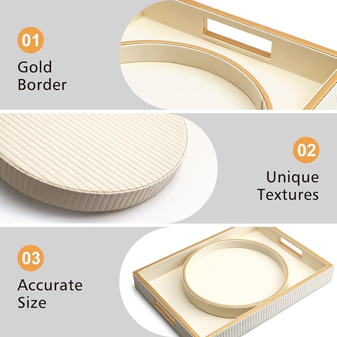 Leather Tray Desktop Storage Organizer, Decorative Tray Set, White | Premium Serving Trays Valet Tray for Sundries Cosmetics Phone Wallet Cutlery, Set of 2, White Holder with Disc