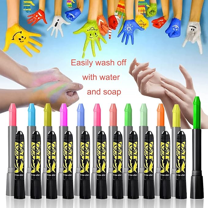 12 Pcs Glow in The Dark Face Body Paint, UV Black Light Glow Makeup Kit for Kids Adult, Non-Toxic Fluorescent Face Paints Crayons for Birthday Party Halloween Masquerade Makeup