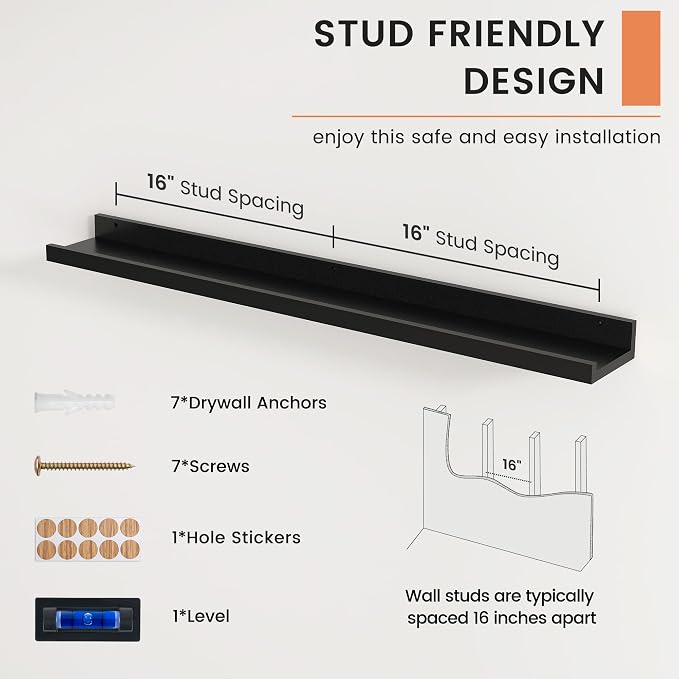 Picture Ledge Shelf, Floating Shelves for Wall, 36" W Set of 2, Black | FSC Certified Engineered Wood, Wall Mounted Bookshelf, for Nursery Living Room Bedroom, Pre-Drilled, Easy Install