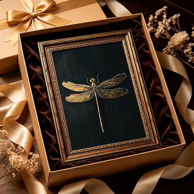 Vintage Framed Dragonfly Picture Wall Art,Gothic Insect Wall Decor 9x11in | Dark Retro Farmhouse Style For Ideal For Bedroom, Study, Hallway, Office Or Entryway.