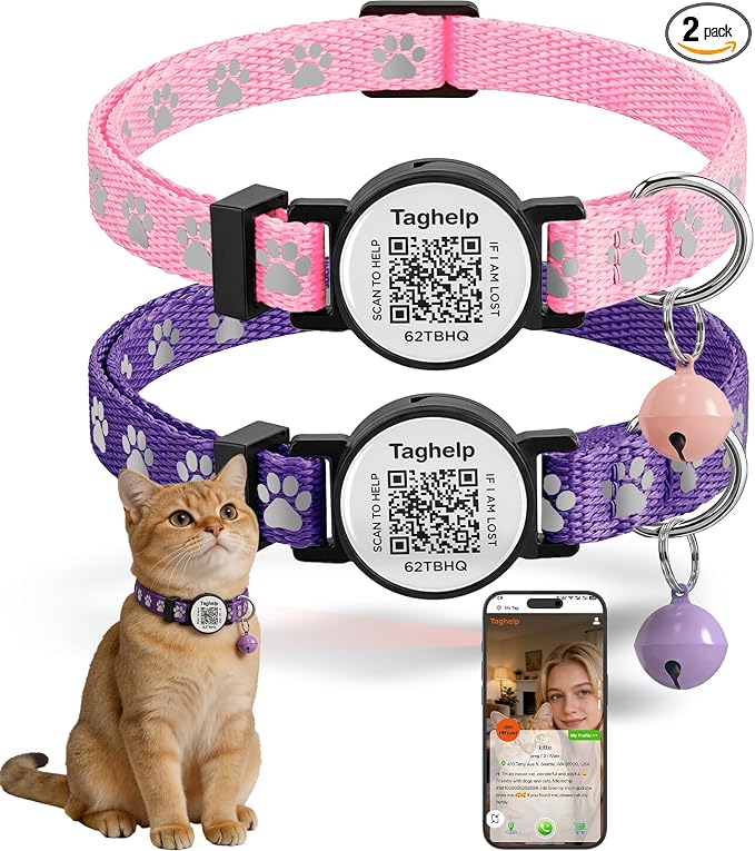 Smart QR Code Cat Collar 2-Pack: Your Cat's Digital Safety Profile, Breakaway Reflective Collar with Instant Email Alert When Scanned (Pink & Purple A)