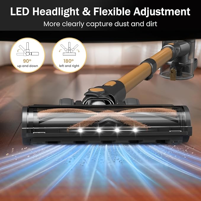 Cordless Vacuum Cleaner, 10-in-1 Lightweight Stick Vacuum with 45mins Runtime, Powerful Suction, LED Touch Screen, Rechargeable Vacuum Cleaners for Home Hardwood Floor Carpet Pet Hair (Gold)