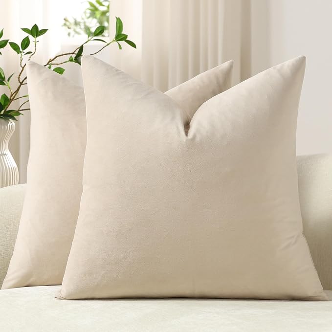 Throw Pillow Covers 18x18 Beige: Pack of 2 Cozy Soft Velvet Square Modern Luxury Decorative Throw Pillow Cases for Sofa Couch Living Room Bed Home Decor