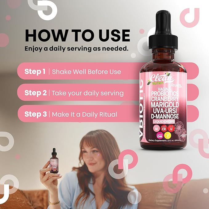 VBiotic Vaginal Probiotic for Women Liquid Drops | Womens Probiotics | Cranberry Uva Ursi Horsetail D-Mannose Prebiotics Marigold & Black Cohosh Vaginal Health Supplement | pH Balance | By Clean Nutra