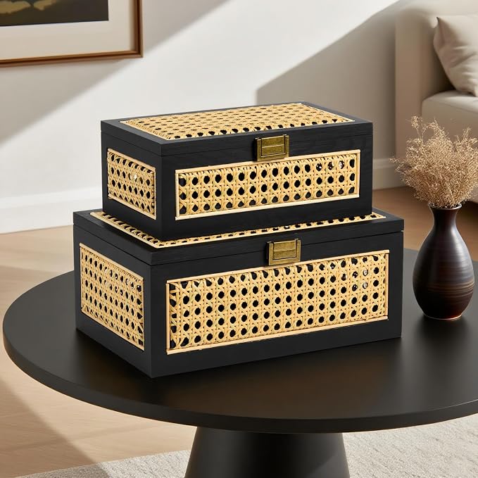 Rattan Storage Boxes Decorative Handmade Natural Wood Baskets | with Lid & Wooden Frame, Boho Rustic Wicker Stacking Woven Cane Bins, Shelf Closet Desk Organizer Container, Black, Small