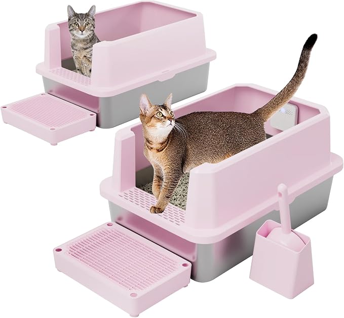 RIZZARI High-Sided Large Cat Litter Box: 2-Pack for Multi-Cat Use | 304 Steel Odor-Resistant Tray / 6.5" High Splash Guard / Dual Anti-Tracking / Built-In Deodorizer / Spacious for Large Breeds