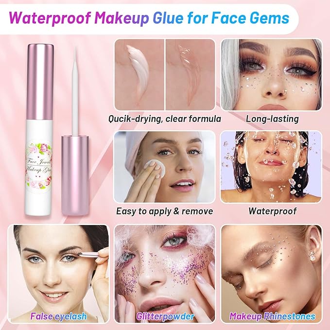 Cosplay Makeup Face Gems with Rhinestone Glue for SFX, Shynek Rhinestones Sticker for Eye Jewels Gems Body Skin Glue Spirit Adhesive for Eye Jewels Hair Costume Cosplay
