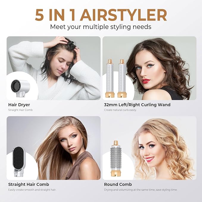5 in 1 Hair Dryer Brush Set, Negative Ion Blow Dryer Brush Upgrade Hot Air Brush Air Styler Curling Wrap Air Curler, Curling Iron Hair Styling Tools As A Gift for Straight/Curl/Drying/Smoothing
