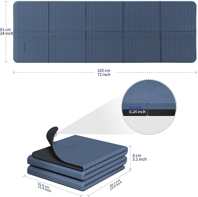 Readaeer Foldable Yoga Mat for Travel Folding Yoga Mat 6mm Thick with Carrying Bag, Non-Slip TPE Exercise Pilates Mat for 72" L x 24" W x 0.24 Inch