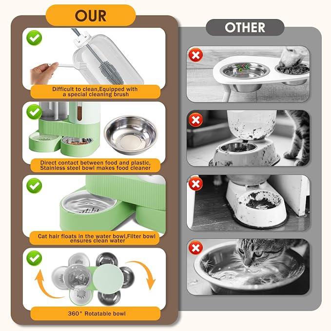2 in 1 Automatic Gravity Cat Dog Feeder and Water Dispenser with 304 Stainless Steel Bowls, 360 Degree Rotatable Auto Food with 2 Specialized Brushes for Small Medium Pet Dog Puppy Kitten (Green)