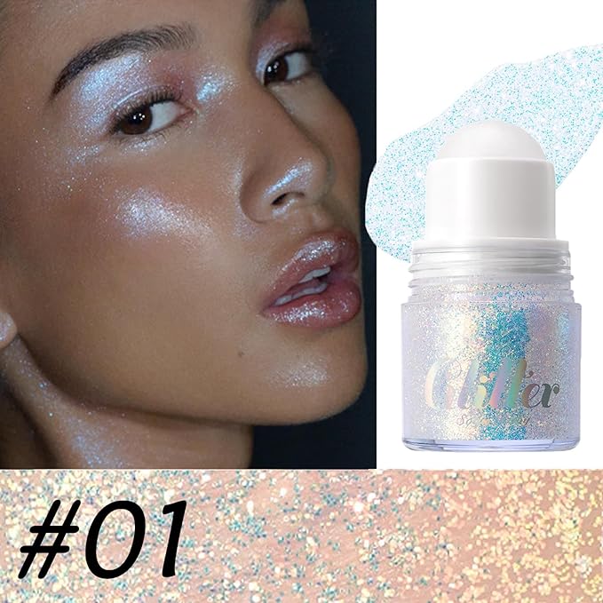 2 Colors Roll-on Body Glitter Gel,Holographic Hair Face Glitter Makeup for Women,Festival Rave Accessories Singer Concert Sparkly Chunky Sequins Mermaid Paint