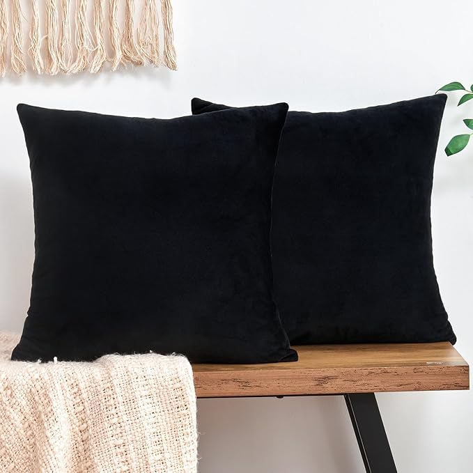 Throw Pillow Covers Decorative Velvet Set of 2 24x24 Inch Pillow Covers, Soft Black Large Pillowcases for Couch Sofa Bed Living Room, Farmhouse Home Boho Decor, Square Accent Cushion Covers