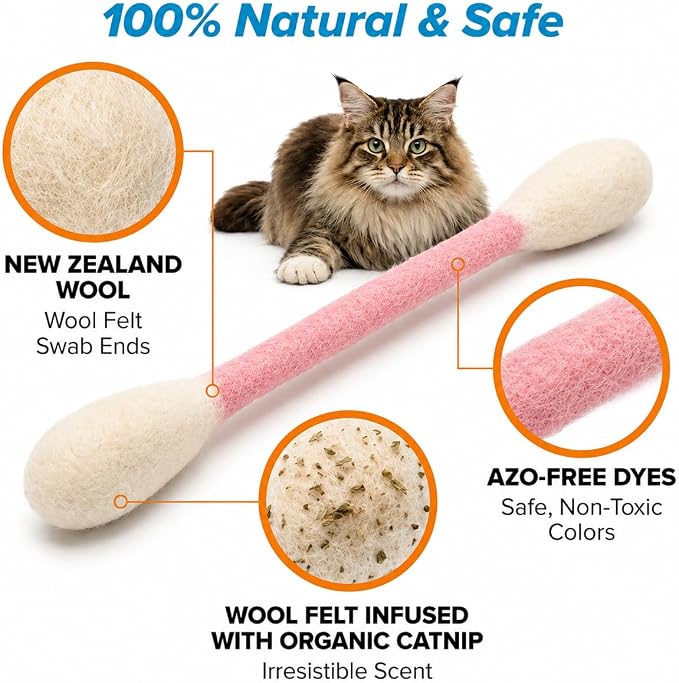 Glaciart One XXL Swabs Cat Toys with Catnip - 2 Pk | Durable for Chew, Cute Cat Toys Interactive Kitty for Boredom, Exercise, & Play | Filled w/Organic Catnip for Anxiety & as Digestive Aid