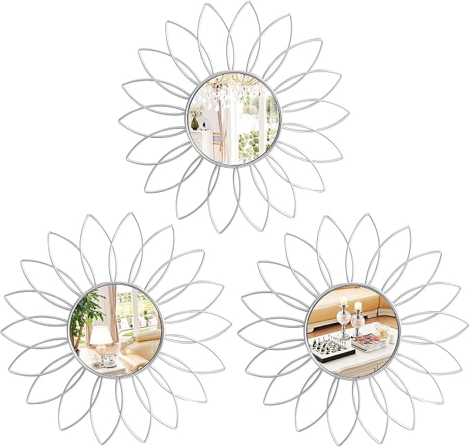 3 Pack Metal Mirrors for Wall Sunburst Wall Mirrors Home Décor Decorative Hanging Wall Art for Living Room Bedroom Entryway (Silver2, Flowers)