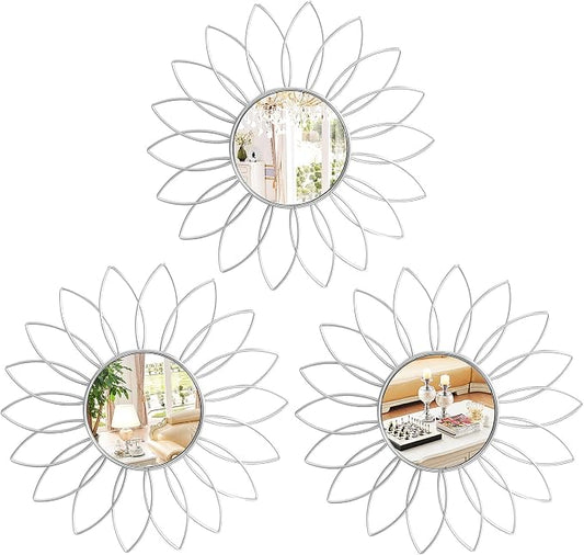 3 Pack Metal Mirrors for Wall Sunburst Wall Mirrors Home Décor Decorative Hanging Wall Art for Living Room Bedroom Entryway (Silver2, Flowers)