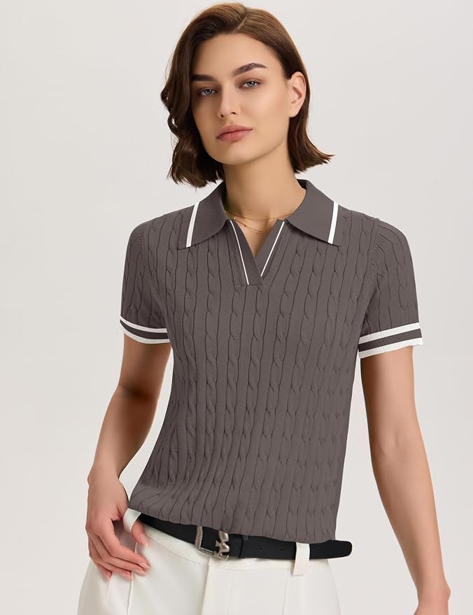 Micoson Womens Short Sleeve Sweater Tops Lapel V Neck Polo Shirts 2026 | Summer Cable Knit Loose Blouses, Business Casual Outfits
