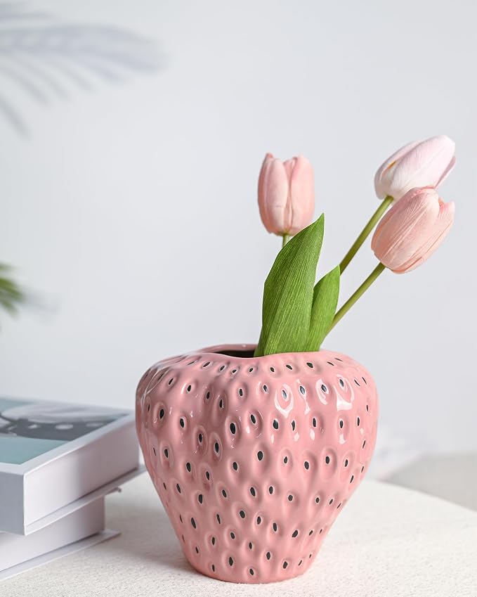 DN DECONATION Pink Strawberry Vase for Flower, Fruit Vase for Party Kitchen | Strawberry Shaped Planter Pot, Unique Ceramic Fruit Vases for Strawberry Office Mantel, Mothers Day Gifts for Mom & Grandma