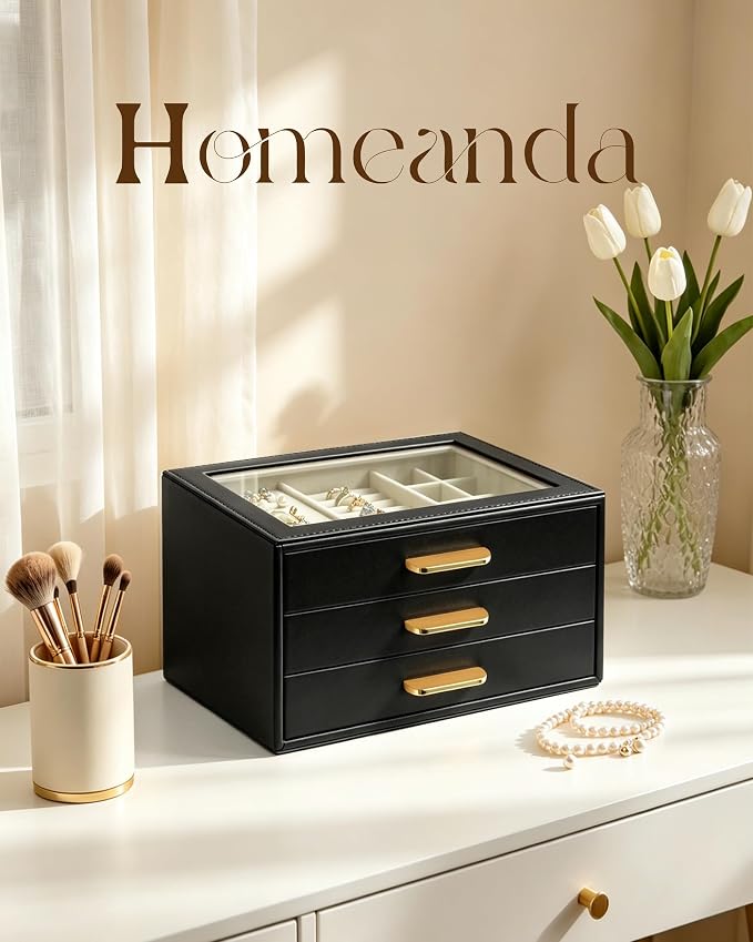 Homeanda Jewelry Boxes Organizer with Glass Lid, 3-Layer PU Leather, Black | Modern style display case with 3 drawers for daily jewelry, women, mom or girl gift