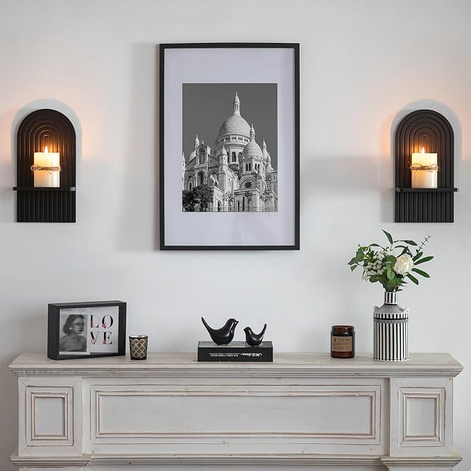 Black Wall Candle Holder: Wood Arch Candle Sconces Set of 2 | Modern Minimalist Shelf, with A Location Board Slot, for Plants Pillars, for Hallway Fireplace Bedroom