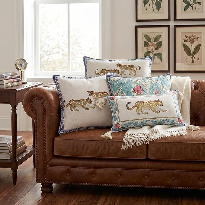 patdrea Designer French Vintage Linen Throw Pillow Cover,12"x28"-Fromm E | Elegant Decorative Pillow Case with Zipper,Leopard Pattern,Pillow Cover for Couch Living Room Bedroom Sofa