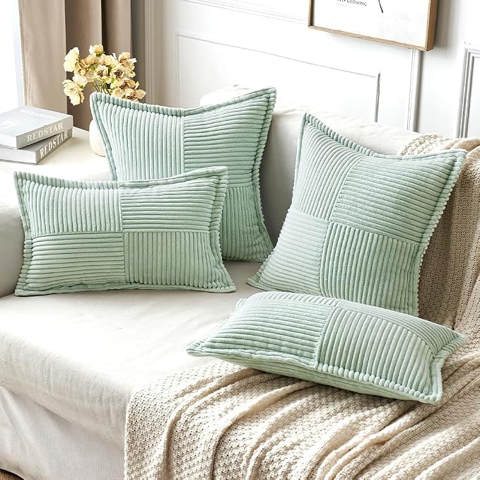 MIULEE Decorative Throw Pillow Covers for Couch 18x18 Inch Mint Green | 2 Pack, Boho Broadside Striped Patchwork Pillow Covers, Soft Corduroy Cushion Cases, For Sofa Bed Livingroom Home Decor