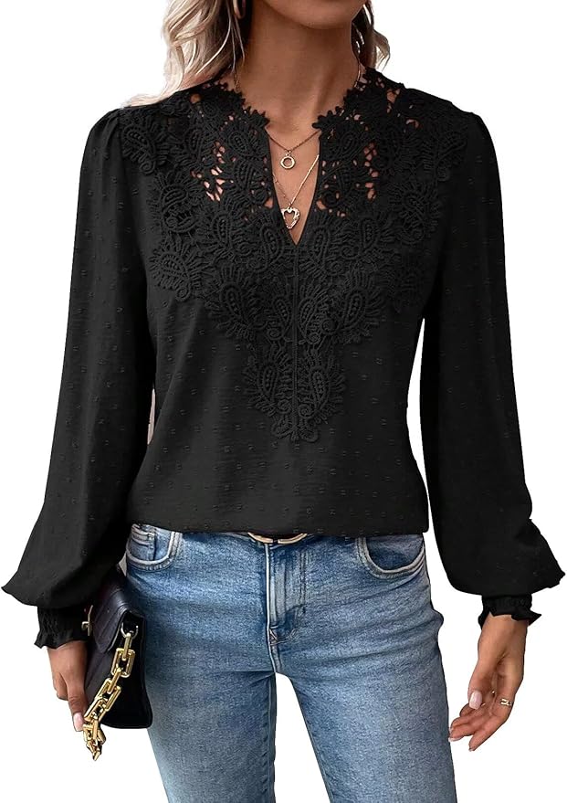 Womens Tops Swiss Dot Boho Long Sleeve Shirts V Neck Casual Chiffon Blouses Flowy Lace Hem Cute Clothing Trendy 2026