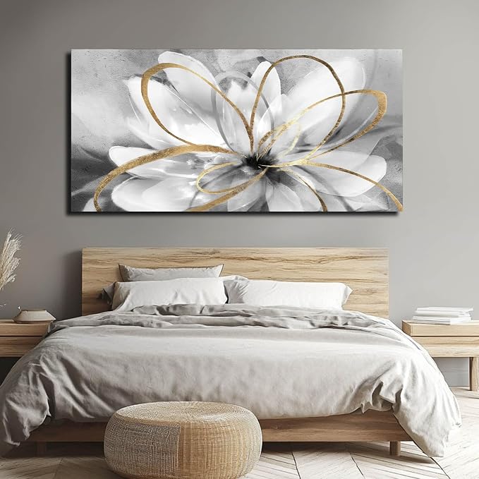 SOUGUAN Large Canvas Wall Art White Flower Painting 30x60 Inch Black Art for Living Room Bedroom Office Home Wall Accents