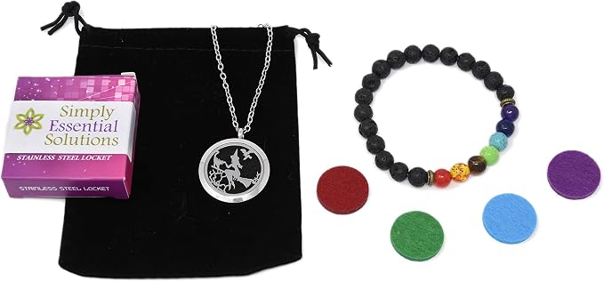 Aromatherapy Essential Oil Diffuser Stainless Steel 30MM Silver Magnetic Locket Pendant 2 Sizes Chain Necklace, Refill Pads & Diffuser Bracelet in a Velvet Bag (Witch)