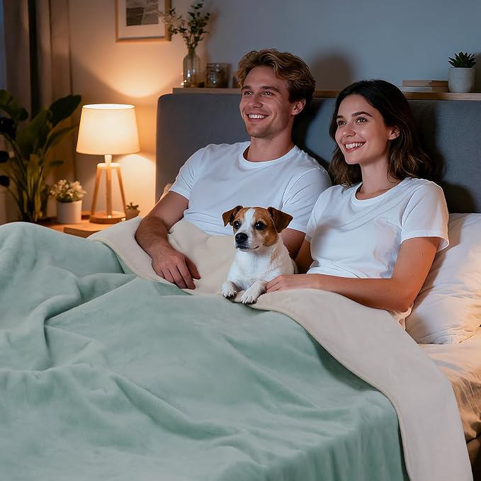 LOOBANI Waterproof Blanket for Bed, Soft Flannel Twin Bed Blanket 60" x 80" | Dog Pet Blankets for Large Dogs, Reversible Spill-Proof Throw for Couch Cover, Movie Time, Camping, Travel, Noise Free, Green