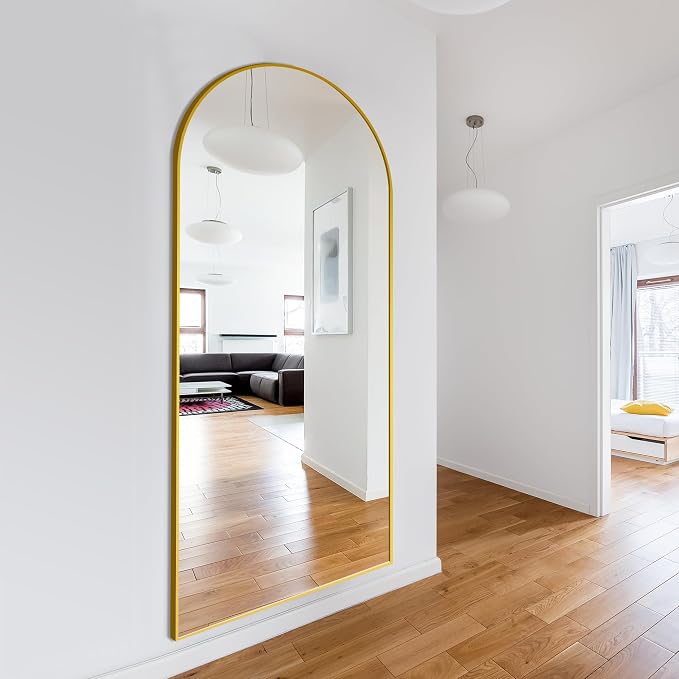 Arched Full Length Mirror with Stand, 75x35 Gold Floor Mirror | Aluminium alloy frame with HD float glass for distortion-free reflection. Free standing or wall mounted.