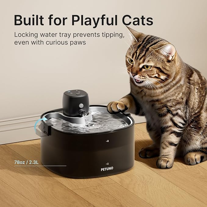 Cordless Cat Water Fountain, 78oz/2.3L, Battery Operated, Silver | Stainless Steel Tray, Rechargeable 4000mAh, Wireless, Motion Sensor, Ultra-Quiet Pump, Locking Lid, Automatic Fountain