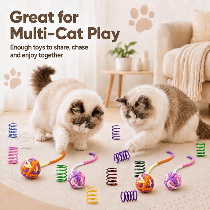 Cat Toys for Indoor Cats, 4 Yarn Balls with Tails & 12 Colorful Springs