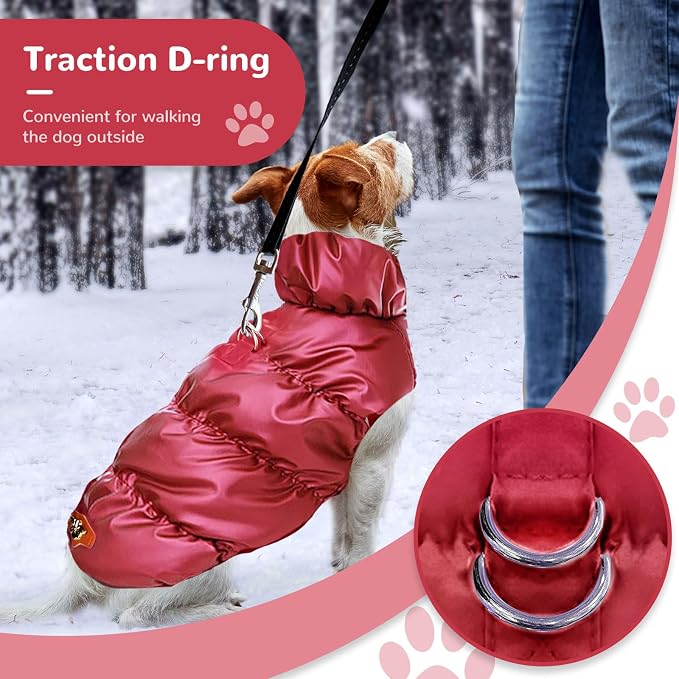 ABRRLO Winter Warm Dog Jacket for Small Medium Dogs Cat Cold Weather Coats with Harness Paded Dogs Fleece Vest Waterproof Windproof Dog Snow Jacket Pet Puppy Clothes (Wine red,M)