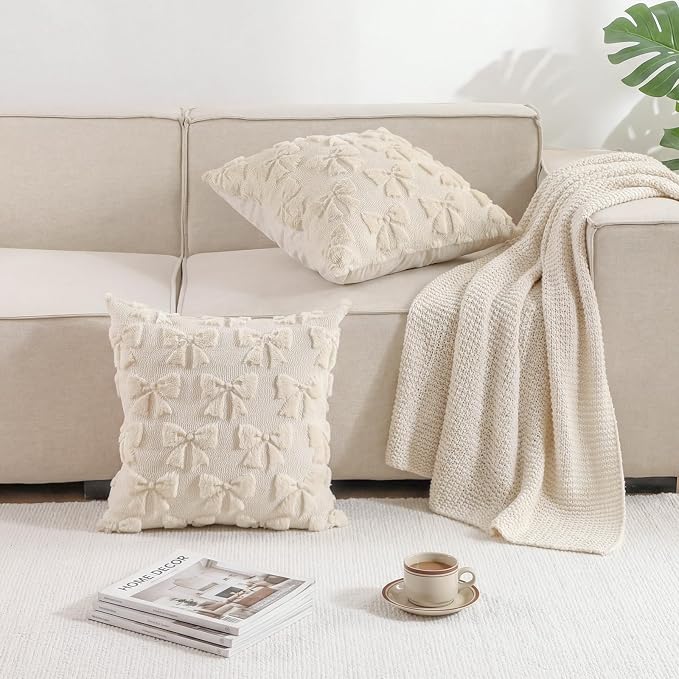 Mixweer Beige Bow Pillow Covers Set of 2 Preppy Room Decor Coquette Cute Spring Summer Decorative Faux Fur Soft Bowknot Stuff Fluffy Plush Aesthetic Pillowcase for Bed Sofa Couch (20 x 20 Inch)