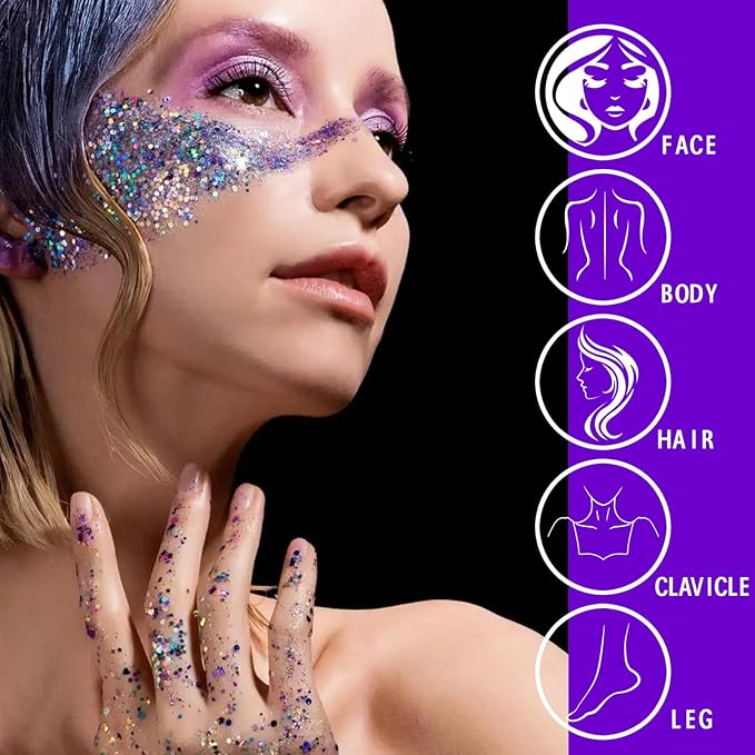 MEICOLY Black and Clear White Face Body Glitter Set,Mermaid Face Glitter Gel,Singer Concerts Festival Rave Accessories,Chunky Sequins Glitter Face Paint for Women and Kids,Sparkling Glitter Makeup