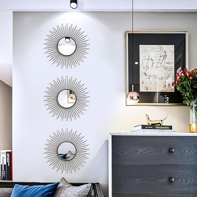 3 Pack Metal Mirrors for Wall Sunburst Wall Mirrors Home Décor Decorative Hanging Wall Art for Living Room Bedroom Entryway (Black2, Sunburst)