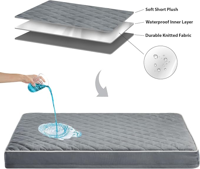 WNPETHOME Orthopedic Waterproof Extra Large Senior Dogs Bed for Comfy Sleep | XL Washable Ped Bed with Removable Cover, Multi-Needle Quilting XL Crate Bed for Large Sized Dog Relax,Grey 42x30 Inch