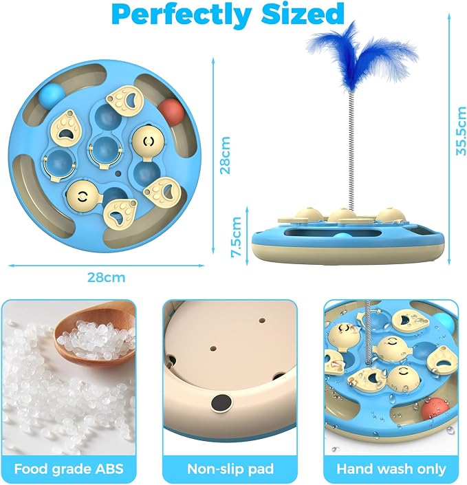 3 in 1 Cat Treat Puzzle Feeder, Level 3 Interactive Cat Puzzle Toy with Track Balls, Feather Teaser & Slow Feeder Insert, Non-Slip Base, Mental Stimulation for Bored Indoor Cats, Blue