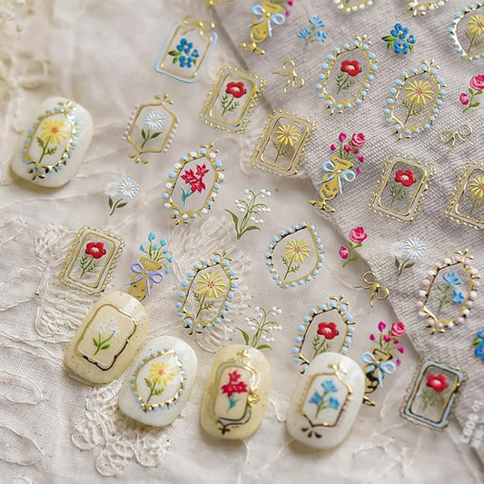 Gold Flower Nail Stickers for Nail Art, 3D Embossed Self-Adhesive Wild Flower Daisy Mentallic Nail Decals, Nail Supplies Designs Accessories for Women and Girls Manicure DIY Decoration