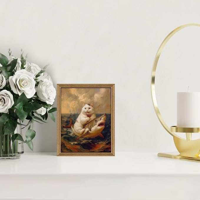 ICHZUMW Framed Funny White Cat Riding Shark Ocean Canvas Wall Art 8x10 In | Quirky Cat Drinking Wine Riding Shark Oil Painting, Humorous Bathroom Wall Decor, Bedroom Restroom Powder Room, Ready to Hang