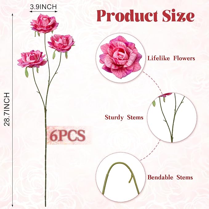 INXUGAO Artificial Flowers Fake Roses for Outdoor, 6Pcs 28" Long Stem Silk Roses for Wedding Indoor Outside Party Decor, Realistic Faux Bouquet for Tall Vase Planter (Fuchsia)