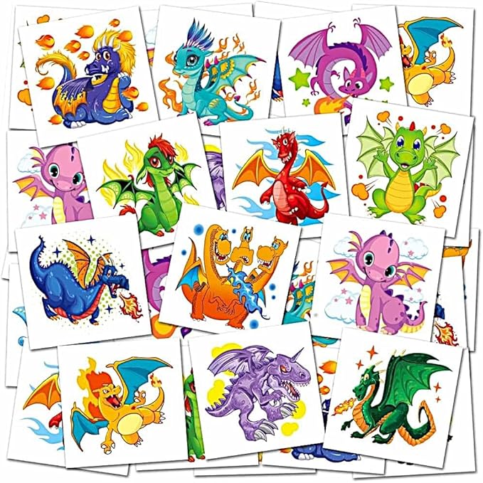 ArtCreativity Dragon Individual Temporary Tattoos for Kids - Bulk Pack of 144 Pre-Cut Dragons Tattoos in Assorted Designs, Non-Toxic 2 Inch - Dragon Tattoo Birthday Party Favors, Goodie Bag Stuffers