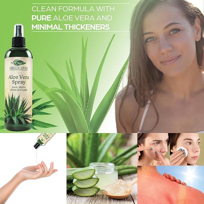 Green Leaf Naturals Aloe Vera Spray Bottle Travel Size | Vitamin C, E & A | Skin Care, Hair Spray, Facial Moisturizer, Hair Growth, Facial Cleanser, Sunburn Relief & After Sun Lotion 3.3oz