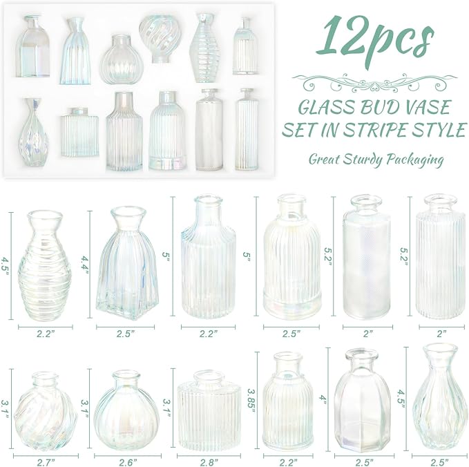 Bud Vases Set of 12, Iridescent Glass Vase for Decor Centerpieces | Small Vases for Flowers, Clear Irised Flower Vase Ribbed Modern Bud Vases Colorful Vases for Wedding Party Table Decoration