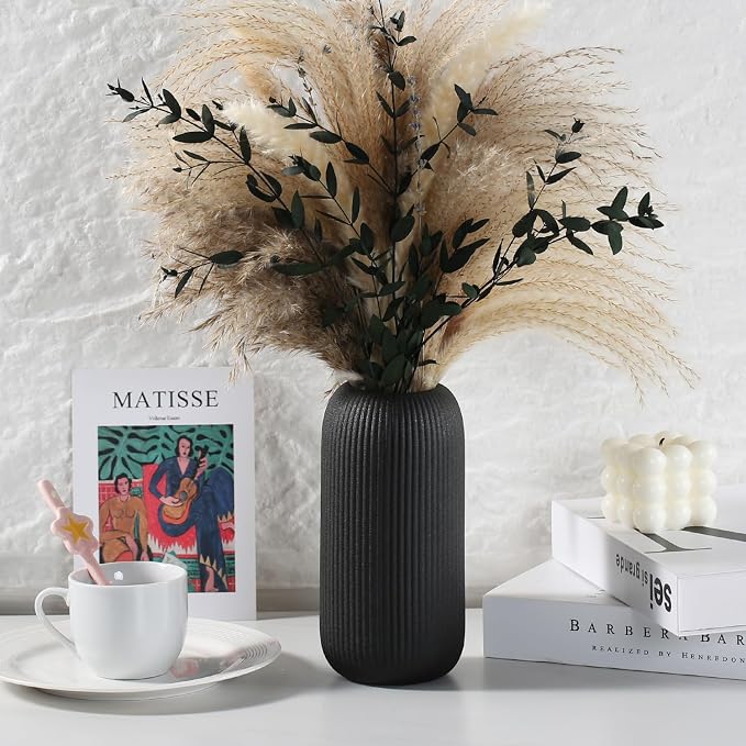 Bohemian Black Ceramic Vase - for Pampas Grass, Mantel, Bookshelf, Entryway and Living Room Decor (Black, 8in-Pill)