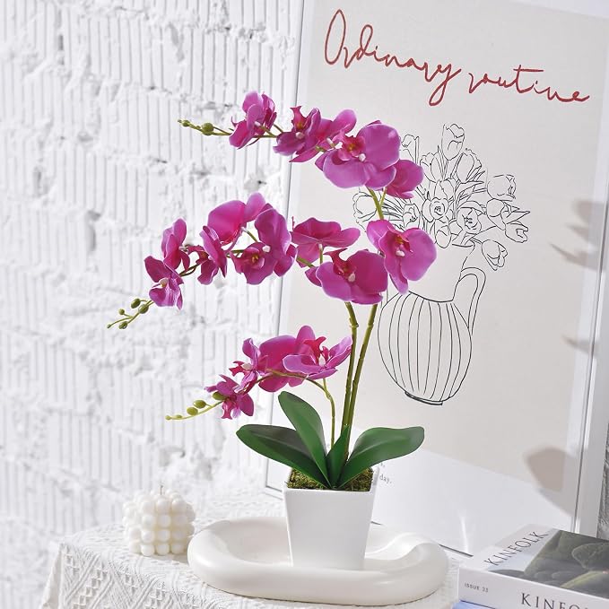 22" Fuchsia Faux Orchid in Ceramic Vase for Table Décor | Real Look Potted Phalaenopsis, Ideal Centerpiece for Home, Office, or Indoor Display, Lifelike Silk Flowers, No Maintenance