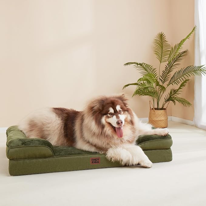 EHEYCIGA Orthopedic XXL Dog Bed, Waterproof Washable XL Big Pet Bed 48" | Non-Slip Bottom and Egg-Crate Memory Foam Extra Large Pet Couch Bed with Washable Removable Cover, Olive Green