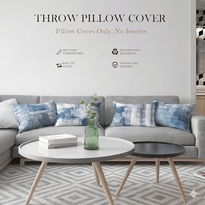 Modern Abstract Throw Pillow Covers 12x20, Blue & Grey Set of 4 | Double-sided vibrant artwork accent cushion covers. Perfect decorative pillows for couch, sofa, bed, and living room.